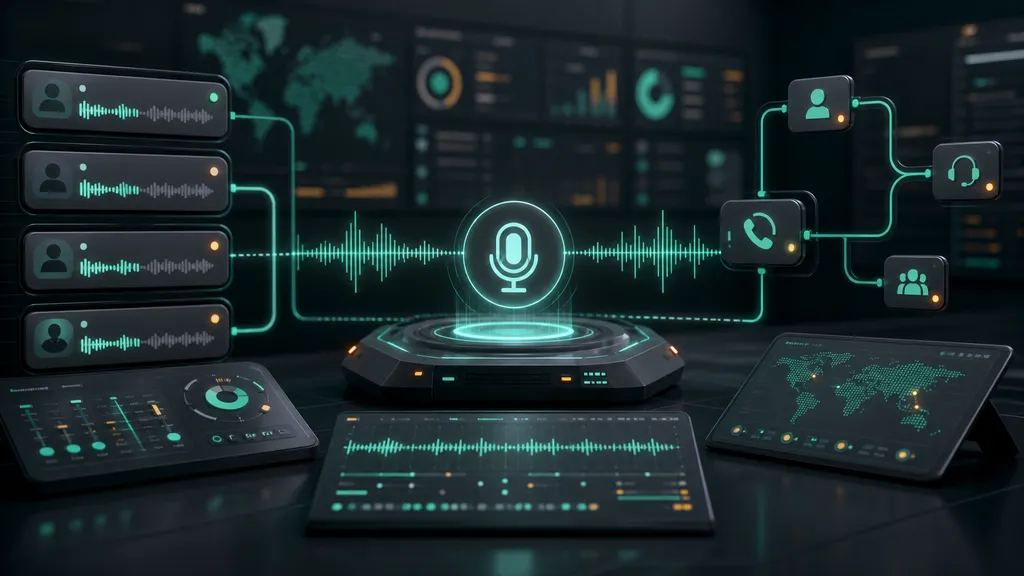 Real-time voice AI workspace with routing panels and waveform controls